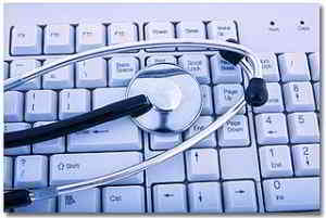 Cybersecurity represented by stethoscope and keyboard.