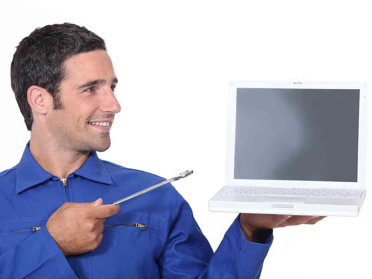 man with wrench and laptop