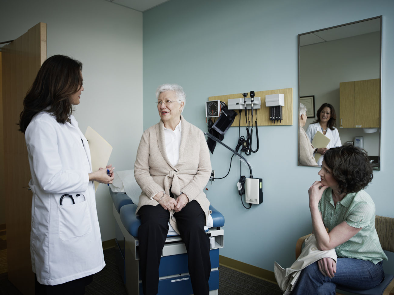 Mature female patient in exam room with doctor